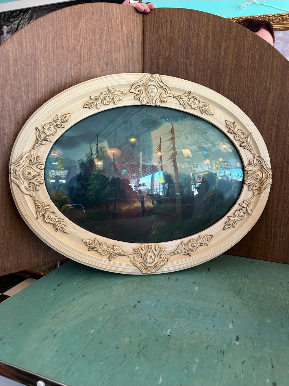 Vintage convex glass framed painting antique ivory color ornate oval frame